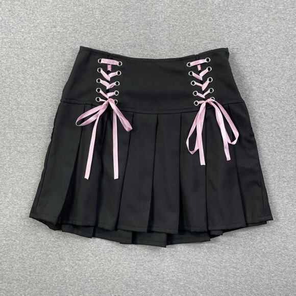 Hot Topic Pleated Mini Skirt S Black Pink Ribbon Coquette Emo Goth Lolita Punk - Picture 1 of 14
